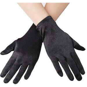 Women's 8-6 Black Elastic Short Length Satin Wrist Gloves Wedding Bride Prom